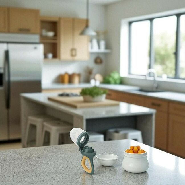 Dispozitiv de hranire, Petite&Mars, Pentru fructe si legume, Include capac de protectie, 6+ luni, Verde/Ocru BYN581799