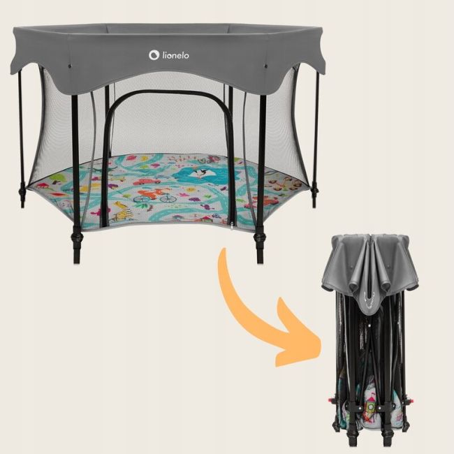 Tarc de joaca, Lionelo, Roel Plus, Pliere ultra-compacta, Sistem LockGuard impotriva plierii accidentale, Geanta de transport inclusa, Conform cu EN 12227:2010, 134x134x74 cm, 6 luni+, Multicolor BYNLO-ROEL_PLUS_GREY_MULTICOLOR