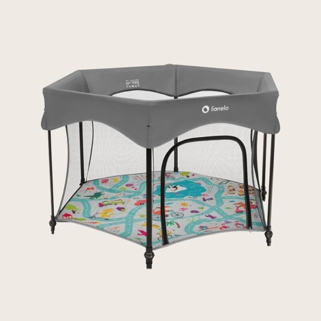 Tarc de joaca, Lionelo, Roel Plus, Pliere ultra-compacta, Sistem LockGuard impotriva plierii accidentale, Geanta de transport inclusa, Conform cu EN 12227:2010, 134x134x74 cm, 6 luni+, Multicolor BYNLO-ROEL_PLUS_GREY_MULTICOLOR