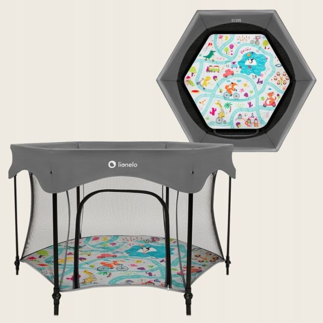 Tarc de joaca, Lionelo, Roel Plus, Pliere ultra-compacta, Sistem LockGuard impotriva plierii accidentale, Geanta de transport inclusa, Conform cu EN 12227:2010, 134x134x74 cm, 6 luni+, Multicolor BYNLO-ROEL_PLUS_GREY_MULTICOLOR