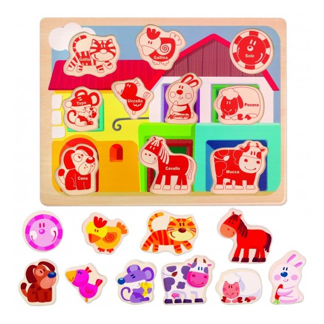 Puzzle lemn RS Toys cu animale domestice in relief SOLRS11167