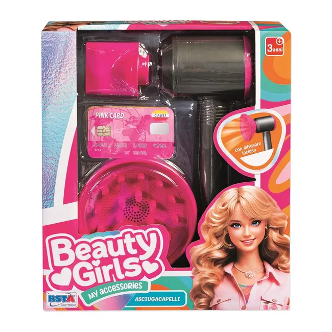 Set tematic pentru fetite de frumusete, Feon de jucarie cu baterii si disc special circular, pentru volum par, culoare gri si detalii roz, design modern