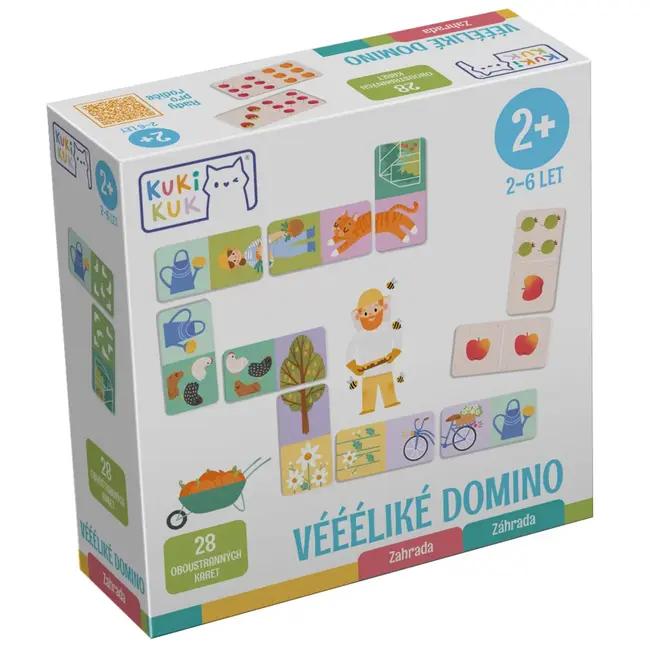 Joc educational pentru copii, Domino piese mari gigant, KuKiKuk Efko,28 piese printate pe ambele fete cu fructe si obiecte gradinarit, carton gros, animatii colorate haioase, varsta 2-6 ani