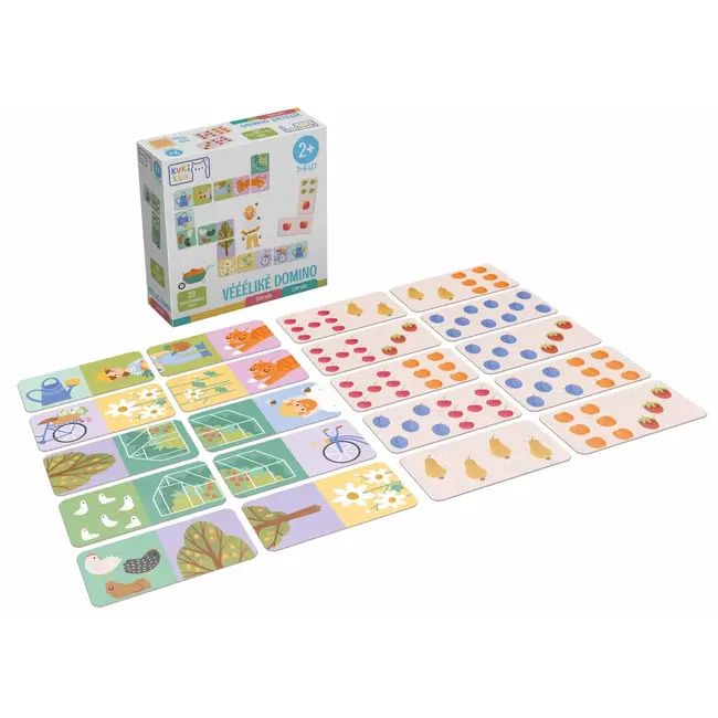 Joc educational pentru copii, Domino piese mari gigant, KuKiKuk Efko,28 piese printate pe ambele fete cu fructe si obiecte gradinarit, carton gros, animatii colorate haioase, varsta 2-6 ani