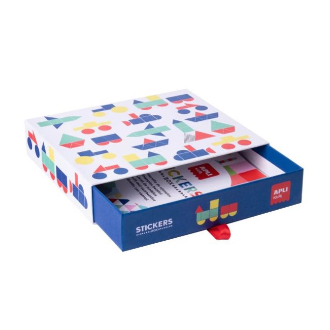 Joc creativ cu autocolante geometrice, APLI, tema Vehicule, 19 x 16,5 x 4 cm, 8 coli