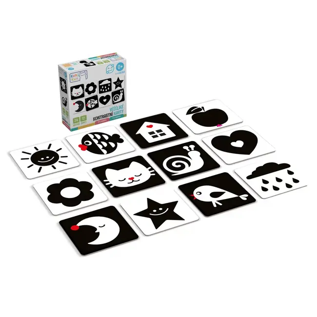 Joc educational pentru bebelusi, Flash Contrast Cards, Carduri alb-negru pentru acuitate vizuala, KuKiKuk Efko, 12 piese, 24 imagini mari contrastante, carton gros, varsta 0-6 luni