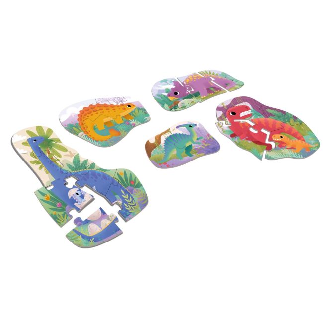 Joc educational pentru copii, 5 puzzle progresive cu Dinozauri, KuKiKuk Efko, 19 piese mari, carton gros, animatii colorate haioase, varsta 2-5 ani
