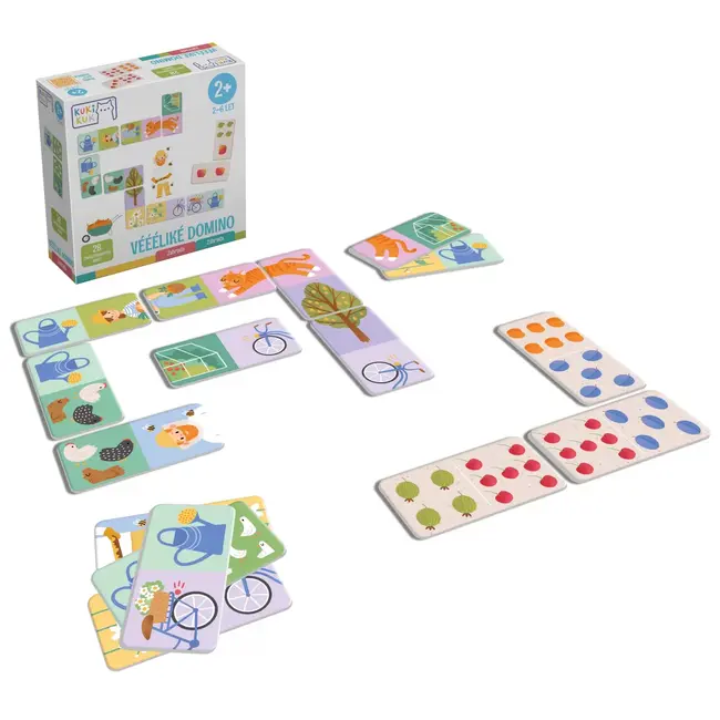 Joc educational pentru copii, Domino piese mari gigant, KuKiKuk Efko,28 piese printate pe ambele fete cu fructe si obiecte gradinarit, carton gros, animatii colorate haioase, varsta 2-6 ani