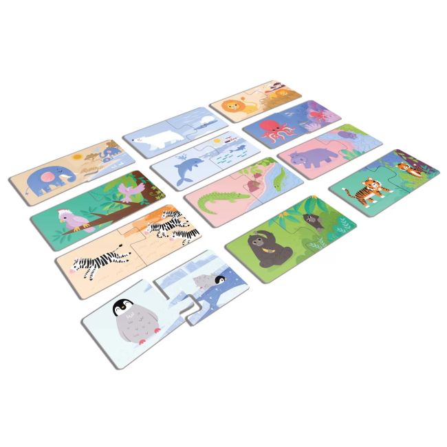 Joc educational pentru copii, Puzzle Duo cu Animale, KuKiKuk Efko, 12 perechi, 24 piese mari, carton gros, animatii colorate haioase, varsta 2-5 ani
