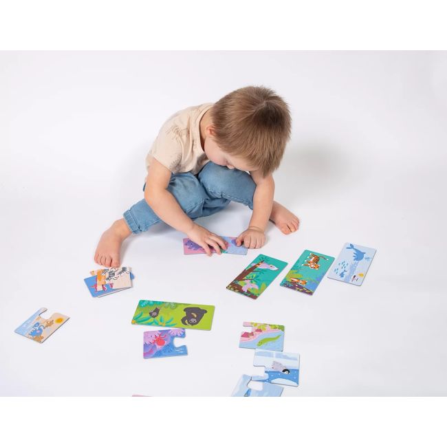 Joc educational pentru copii, Puzzle Duo cu Animale, KuKiKuk Efko, 12 perechi, 24 piese mari, carton gros, animatii colorate haioase, varsta 2-5 ani
