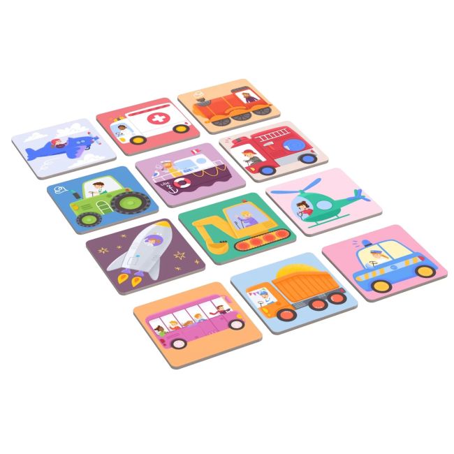 Joc educational pentru copii, Vehicule Memo, KuKiKuk Efko, 24 perechi, 12 piese mari, carton gros, animatii colorate haioase, varsta 2-6 ani