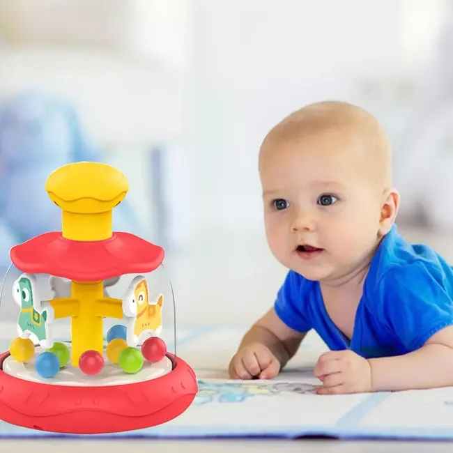 Jucarie bebe interactiva si educativa, rotativa, spinner carusel cu caluti si bile multicolore, varsta recomandata +6 luni