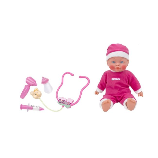 Papusa bebelus 35 cm interactiva, Globo Bimbo, cu pijama moale si caciulita, accesorii hranire, biberon, stetoscop si alte accesorii doctor pentru ingrijire