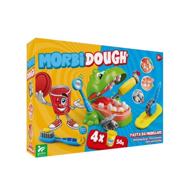 Plastilina Crocodil la dentist Globo Kidea, pentru copii, 4 x 56 g, diverse culori SOLGL40871
