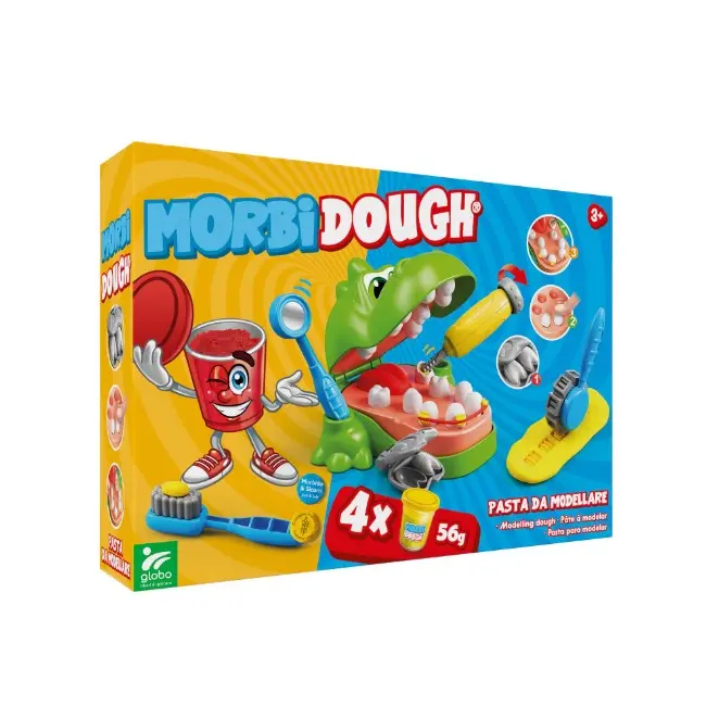 Plastilina Crocodil la dentist Globo Kidea, pentru copii, 4 x 56 g, diverse culori SOLGL40871