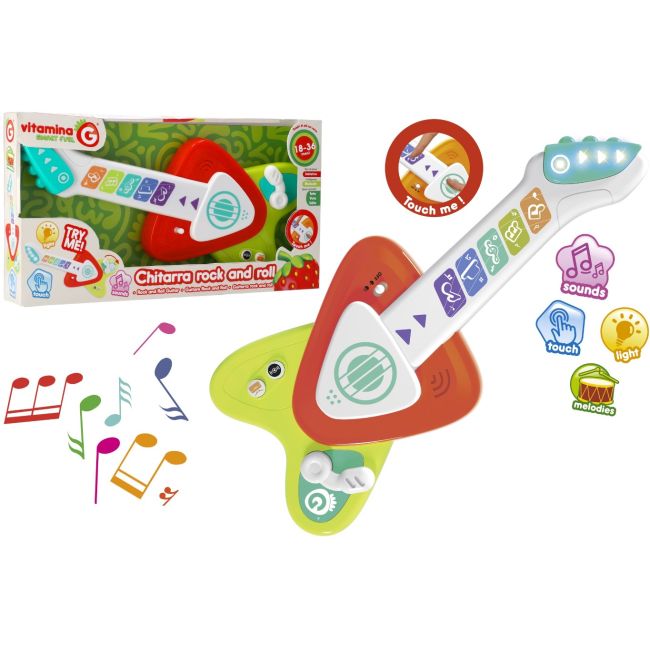 Jucarie interactiva si muzicala pentru bebelusi, Chitara cu clape touch multicolore, Globo Vitamina G, sunete diverse instrumente muzicale, buton ON/OFF, buton redare inregistrare, volum reglabil, lumini