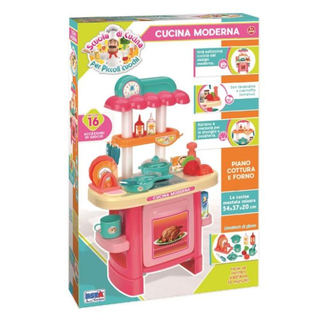Bucatarie de jucarie pentru copii, cu accesorii incluse, 54cm inaltime, 16 accesorii servire si gatit precum oale, tigai, farfurii, tacamuri