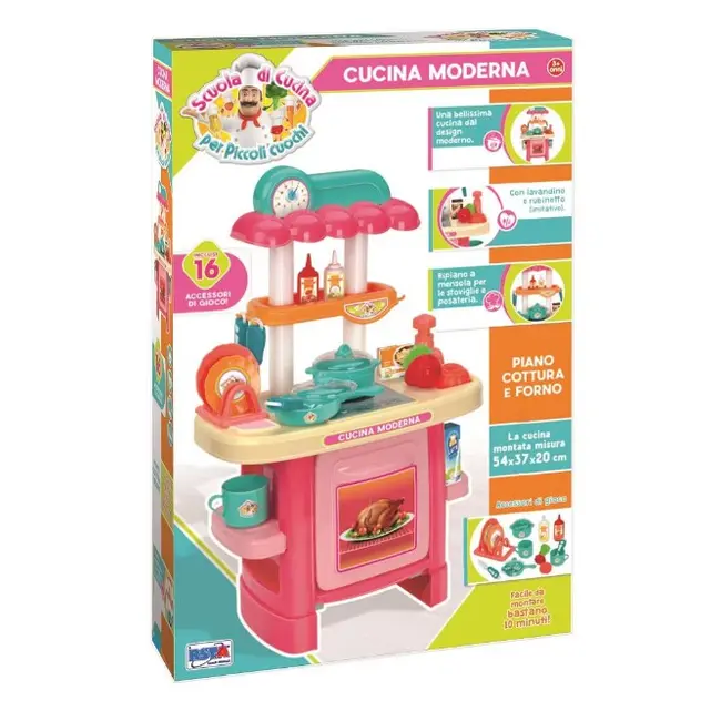 Bucatarie de jucarie pentru copii, cu accesorii incluse, 54cm inaltime, 16 accesorii servire si gatit precum oale, tigai, farfurii, tacamuri