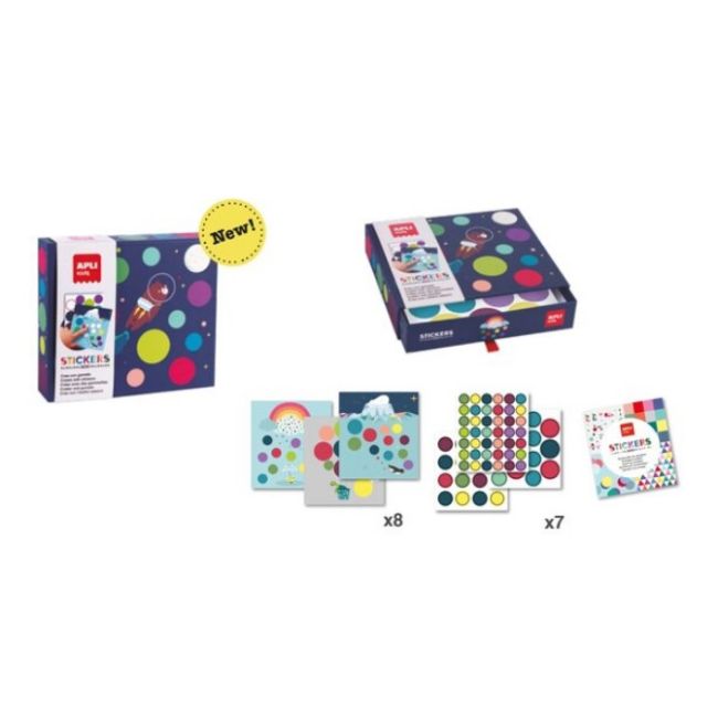 Set cu autocolante Apli Kids - Zbor pe luna, 8 foi de completat, 7 foi cu autocolante reutilizabile, 19x17x4cm