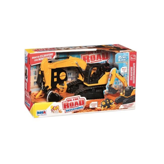 Excavator cu telecomanda de jucarie pentru copii, galben, cu senile realiste si cupa functonala, frecventa 40mhz, scara 1:24