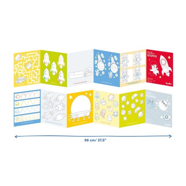 Carte de colorat si trasat linii pentru copii Banana Panda I Love Coloring, imagini cu Spatiul Cosmic, 12 ilustratii de trasare si colorare, 2 imagini panoramice, 2 carti tip acordeon, 96 cm SOLBP50161