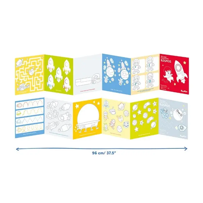 Carte de colorat si trasat linii pentru copii Banana Panda I Love Coloring, imagini cu Spatiul Cosmic, 12 ilustratii de trasare si colorare, 2 imagini panoramice, 2 carti tip acordeon, 96 cm SOLBP50161