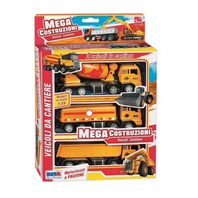 Set 3 camioane de constructie din jucarie, tematica santier, scara 1:24, corp metalic, sistem cu frictiune pentru roti, basculanta, cisterna si betoniera