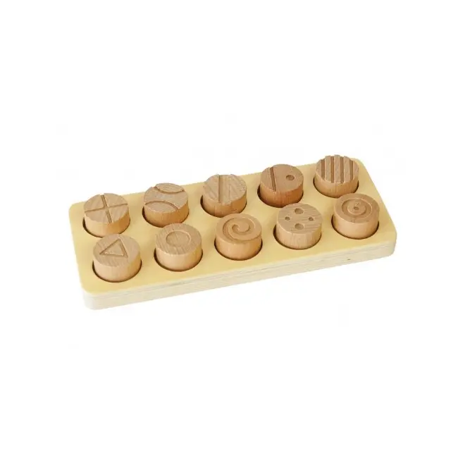 Joc educativ pentru copii si copii nevoi speciale didactic, Andreu Toys, senzorial, asociere forme si cilindri gravati, din lemn natur SOLANT16136