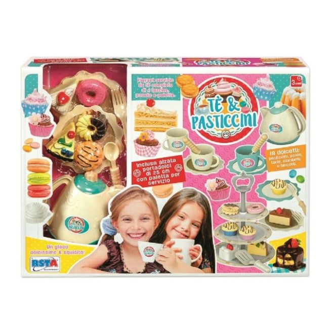 Set de joaca pentru copii, stativ cu produse de cofetarie si patiserie, farfurioare de servit, cesti si ceainic