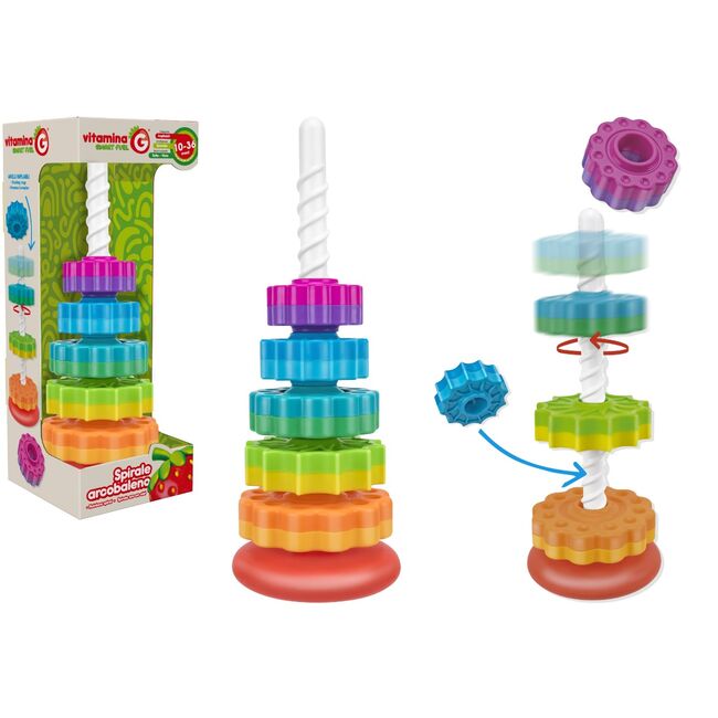 Jucarie educationala pentru bebelusi si copii, Globo Vitamina G, Turn tip spirala rotitioare, cu suruburi multicolore de dimensiuni mari, 10-36 luni