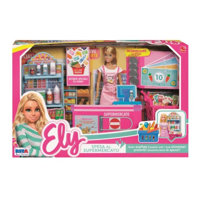 Set supermarket RS Toys, cu stand vanzare, casa de marcat, cos cumparaturi si papusa inclusa SOLRS11660