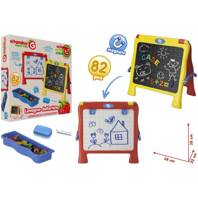 Tablita multifunctionala cu 2 fete, Globo, parte alba magnetica pentru scris cu marker si parte neagra pentru creta, 82 accesorii incluse in pachet, tavita pentru litere si cifre, creta si burete inclus, 38cm