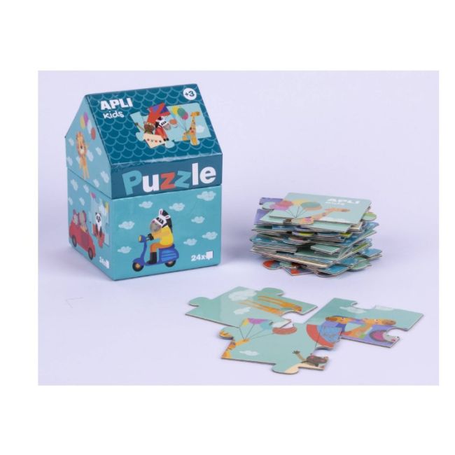 Puzzle APLI - Safari puzzle in cutie de depozitare in forma de casuta, 24 piese