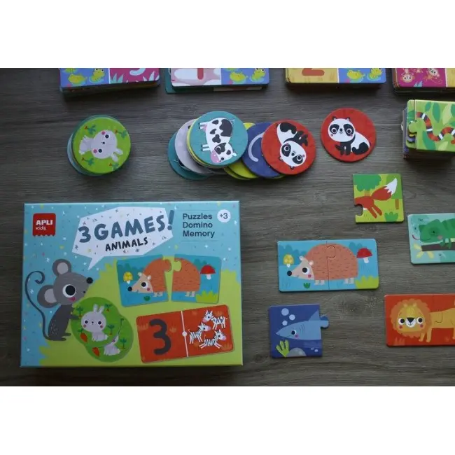 Set 3 jocuri Animale : puzzle, domino, memorie, Apli Kids, Carton, Multicolor