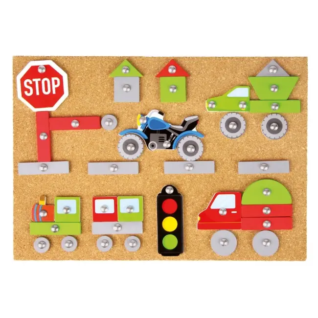 Set vehicule cu ciocan si cuie Lena, pentru copii, 48 piese din lemn, 16 forme imprimate si accesorii SOLLE65826