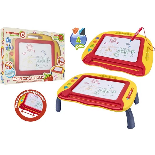 Tablita desen pentru copii, Globo Vitamina G, cu suport picioare, creion special magnetic, 4 forme tip stampile incluse, suprafata desen multicolora, +3 ani
