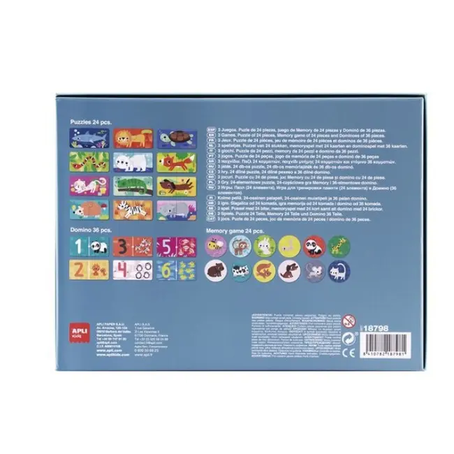 Set 3 jocuri Animale : puzzle, domino, memorie, Apli Kids, Carton, Multicolor
