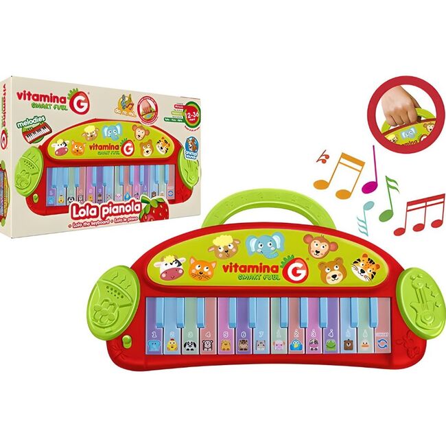 Jucarie interactiva si muzicala pentru bebelusi, Pian cu clape multicolore, Globo Vitamina G, sunete animale, buton ON/OFF, 24 taste