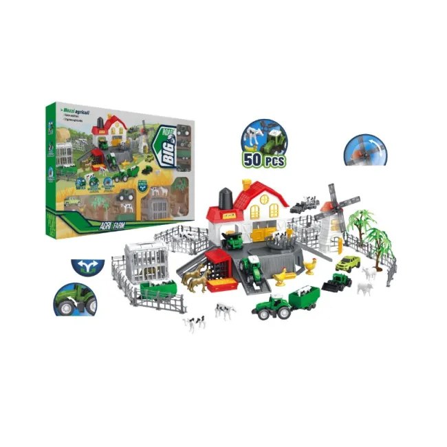 Set tematic Ferma Animalelor, Globo, 50 piese, figurine animale incluse, tractoare si utilaje incluse, moara de vant, gardulet pentru imprejmuire si alte accesorii