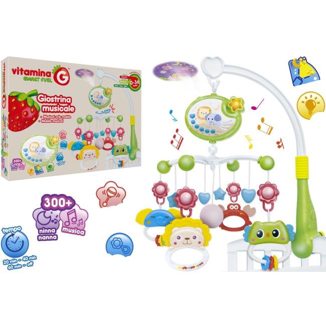 Carusel muzical pentru patut bebelusi, Globo Vitamina G, cu proiector, sunete linistitoare si melodii, buton reglabil volum, timer 20-40-60 min, jucarii detasabile zornaitoare si dentitie, rotire brat 360 grade