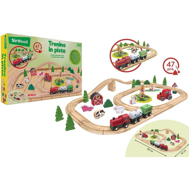 Set de joaca din lemn pentru copii, trenulet pe traseu cu sine, 1 vagon si 2 locomotive prindere magnetica, sine universale, 47 piese incluse, piese decor, animale si copaci, dimensiune traseu 69 x 42 cm