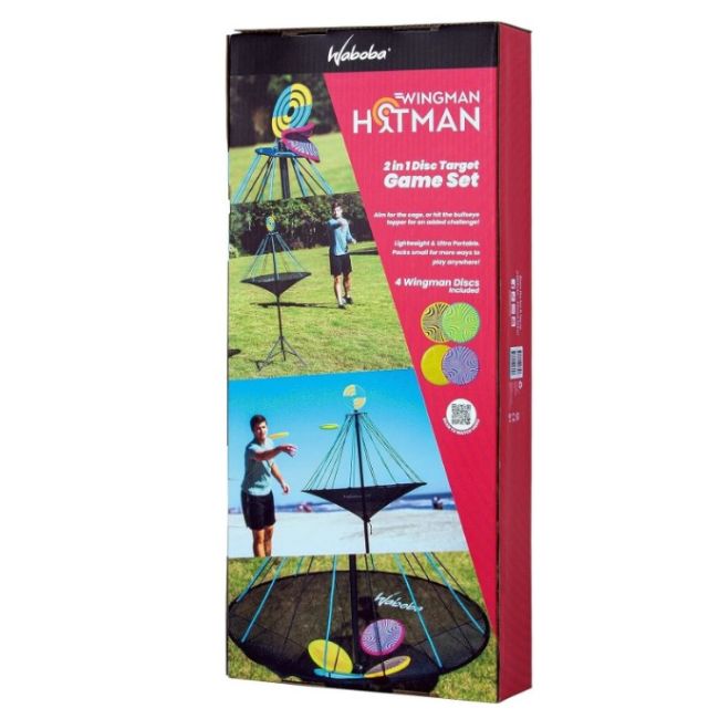 Set joc exterior, Freesbee cu suport special prindere si aruncare cu tinta, Waboba Hitman, 4 discuri silicon incluse SOLVDM2010650