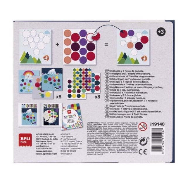 Set cu autocolante Apli Kids - Zbor pe luna, 8 foi de completat, 7 foi cu autocolante reutilizabile, 19x17x4cm