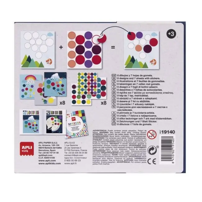 Set cu autocolante Apli Kids - Zbor pe luna, 8 foi de completat, 7 foi cu autocolante reutilizabile, 19x17x4cm