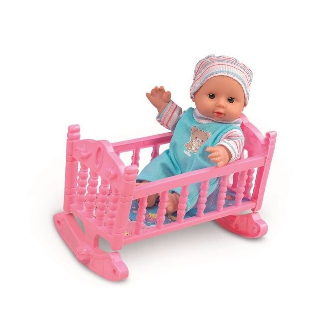 Set 2 papusi bebelusi frati, baietel si fetita, cu patut balansoar, 20 cm inaltime