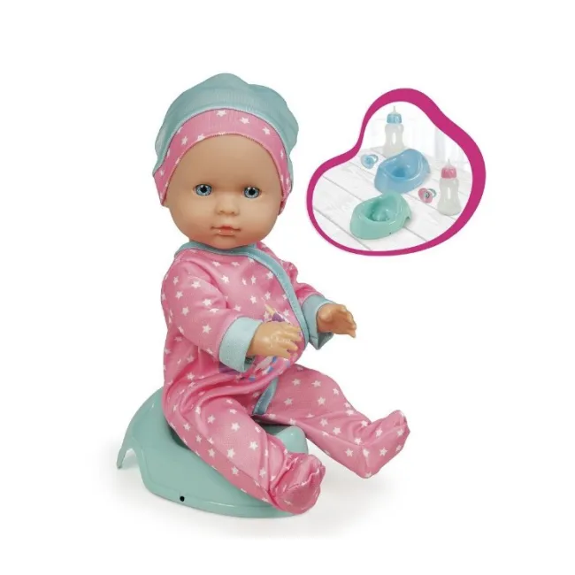 Papusa bebelus cu salopeta stelute si unicorn si caciula multicolora, 30 cm, olita, biberon si suzeta incluse