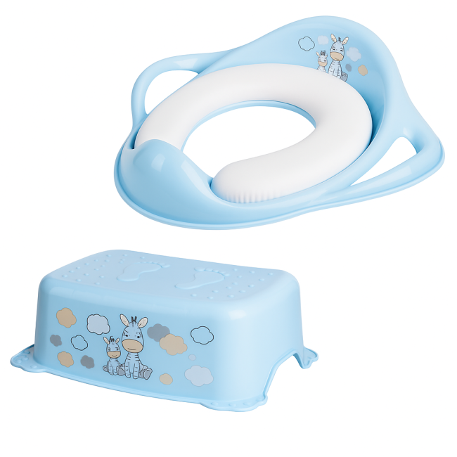 ,œ  Set Complet Reductor Toaleta Cu Colac Moale + Inaltator Baie Antiderapant, Zebra Blue ,   Maltex Baby Pjbc9416-c1434