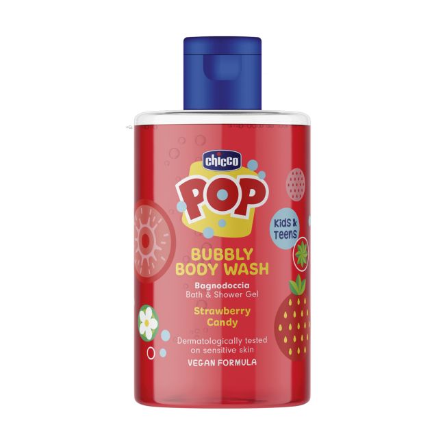 Gel de dus spumant Chicco Pop cu aroma de bomboane cu capsuni, formula vegana, pentru copii si adolescenti 300 ml CHC12370-9
