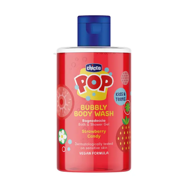 Gel de dus spumant Chicco Pop cu aroma de bomboane cu capsuni, formula vegana, pentru copii si adolescenti 300 ml CHC12370-9