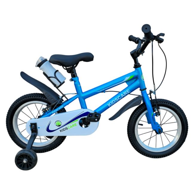 Bicicleta copii 3-6 ani HappyBoy KidsCare albastra 14 inch – cu roti ajutatoare, frane de mana, sticla inclusa, pentru baieti SUPKC_HB14-blue